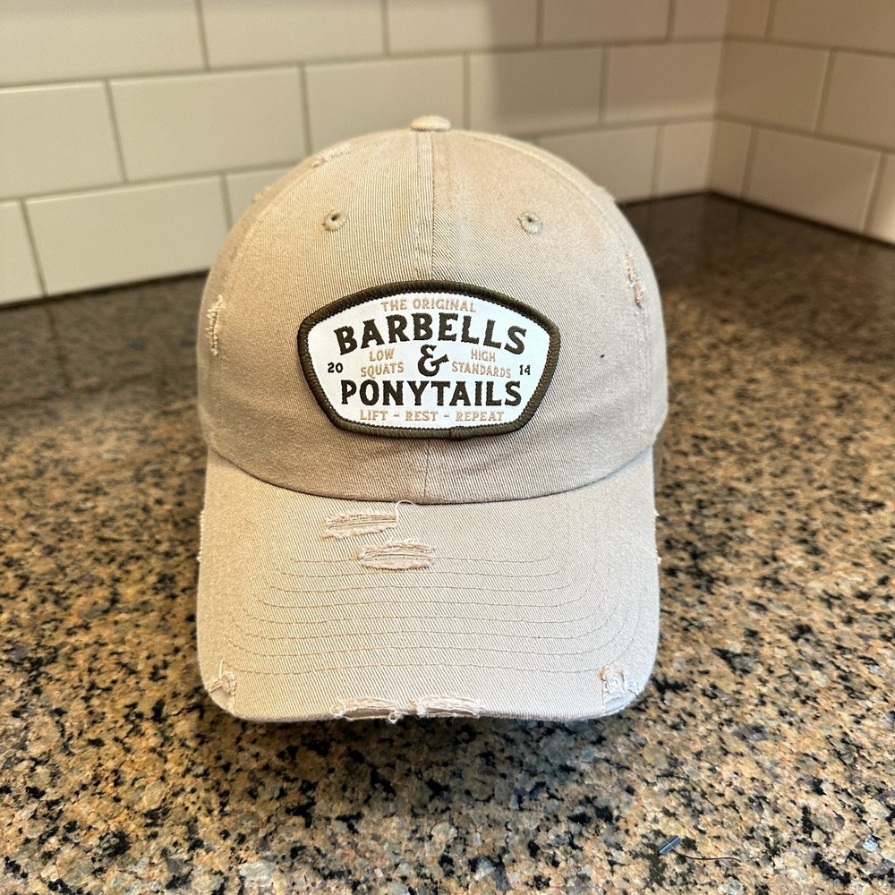 Barbells & Ponytails Distressed KBETHOS Dad Hat Adjustable Tan